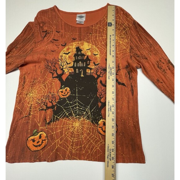 Studio Collection Halloween 3/4 Sleeve Shirt Orange Rhinestones Women's Size L - Picture 6 of 11